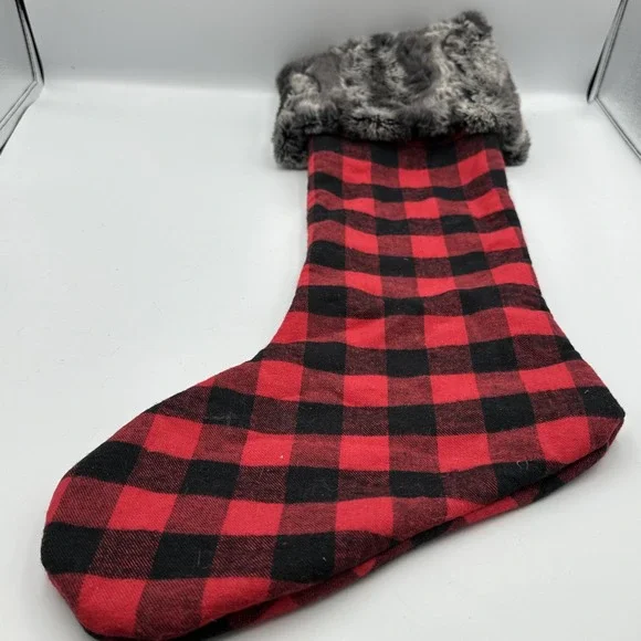 Large Red & Black Checker Plaid‎ Woven Stocking With Faux Fur Collar