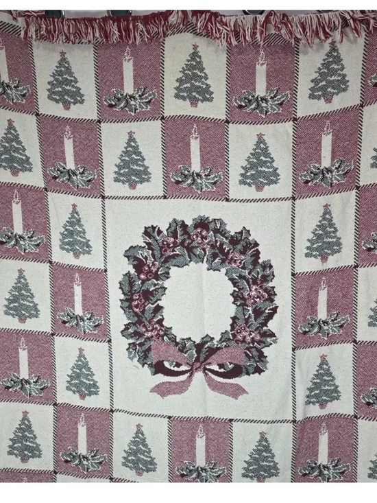 Vintage Christmas Woven Throw Blanket Wreath Tree Candle 46x54 Rustic