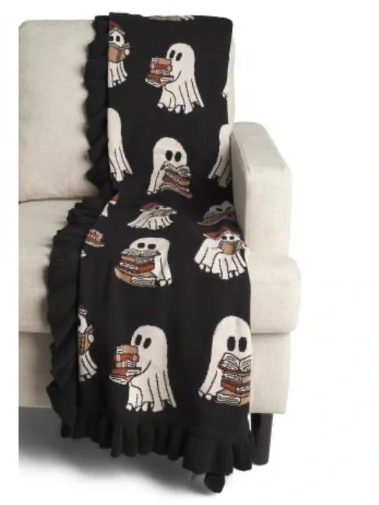 Viral Black Reading Ghost Print Ruffle Throw Blanket