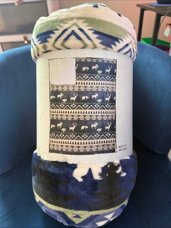 Night Elk and Bears Fleece Throw Blanket — Blue & Green
