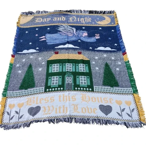 Bless This House With Love Throw Blanket Tapestry Angel Home Pine Tree Christmas