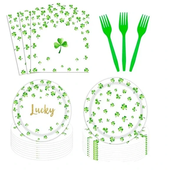96pc St Patricks Day Party Supplies‎ Set Green Shamrock Plates Napkins Forks