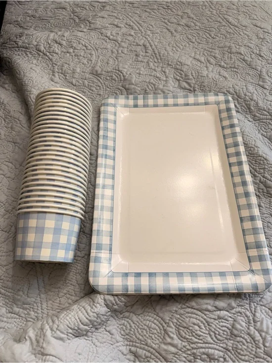 Blue Gingham Paper Serving Tray, Snack Cups, Plastic Serving Trays
