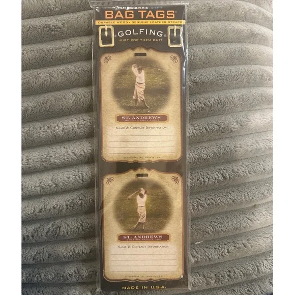 Timeworks Gift Bag Tags Golfing Durable Wood Genuine Leather Straps St‎ Andrews