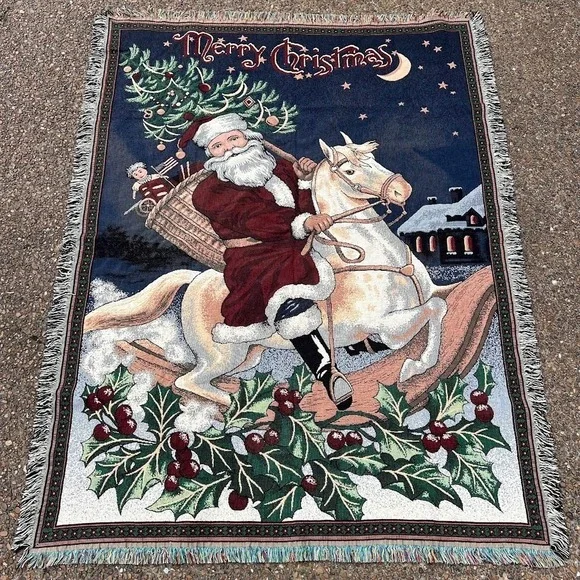 Vintage Santa Claus Merry Christmas Holiday Woven Fringe Tapestry Blanket‎