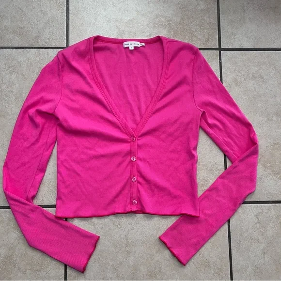 Good American Rib Long Sleeve Button Top in hot pink‎ Women’s Size 1 Barbie Pink