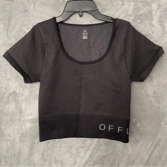 Offline By Aerie Black Fitted Ribbed Cropped Top Athleisure Size XL