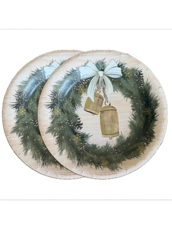 Bells & Wreath Farmhouse Style Decorative Christmas Plates 20 Count 2 Packs
