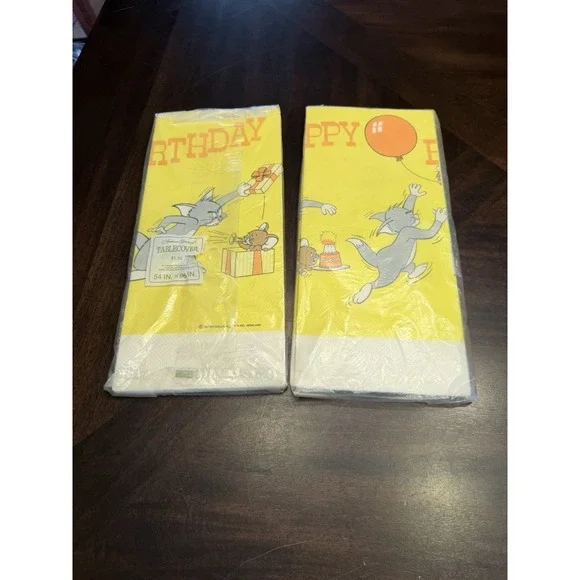 Vintage American Greetings Tom & Jerry Birthday Paper Tablecloth 54x96 lot of 2