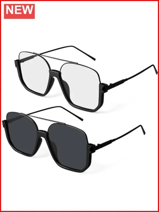 Oversized Aviator Sunglasses Double Bridge Square Retro UV Protection 2 Pack