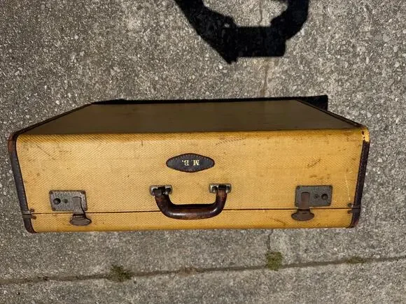 Vintage Mustard Yellow Tweed Train Suitcase 24” Leather Trim Overnight Luggage