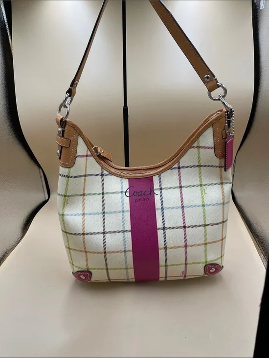 Coach Tattersol Cream Plaid Shoulder Bag with Pink Stripe