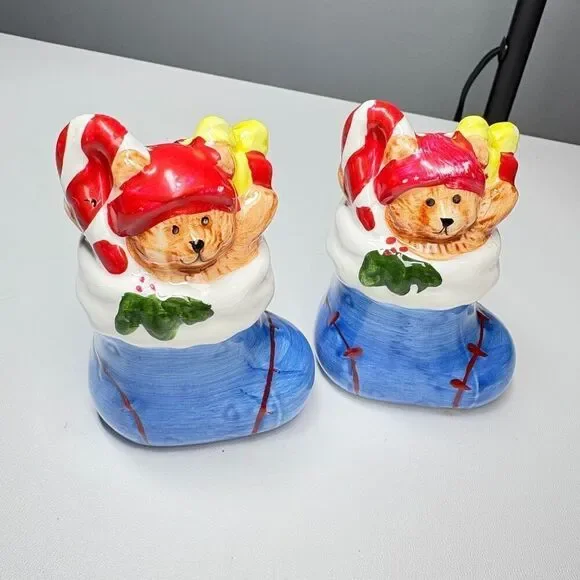 Vintage Christmas Teddy Bear Stocking Figurines – Hand Painted Holiday Decor (Se