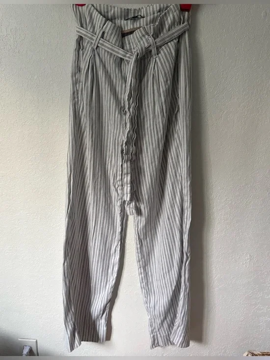 Banana Republic White Striped Cotton/Linen Blend Tie-Waist Pants, Paperbag
