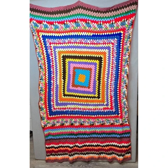 Vintage Handmade‎ Crochet Afghan Granny Square Throw Blanket Retro Boho Roseanne