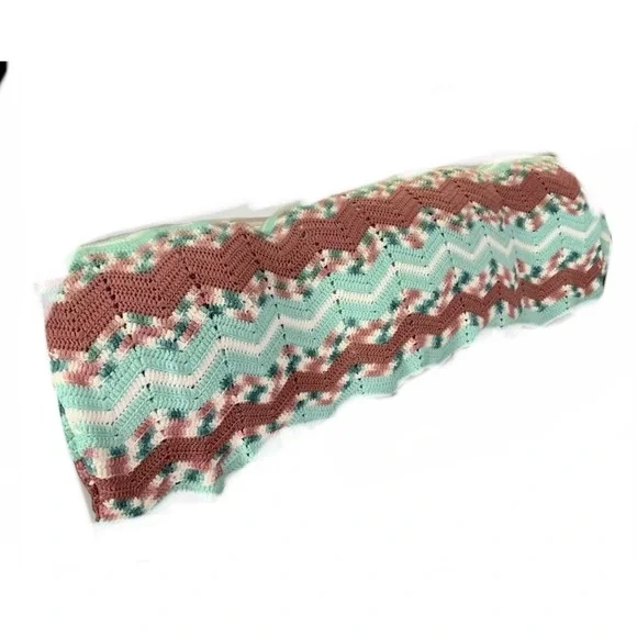 Vintage Crocheted afghan chevron pattern with scalloped edge detail