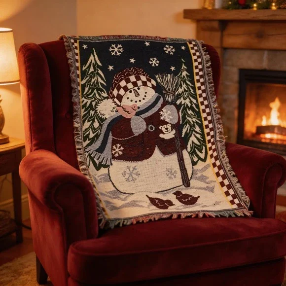 Vintage‎ Woven Tapestry Throw Blanket Snowman Winter Christmas Holiday 34x46