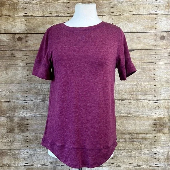 Unbranded Women Heathered Burgundy Short‎ Sleeve Pullover Top Curved Hem Size S