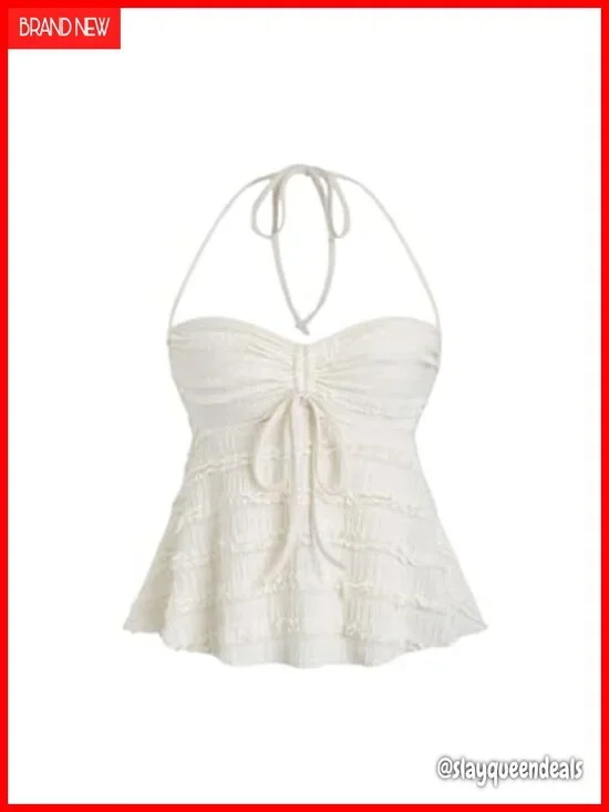 Women's Peplum Halter Crop Top with Drawstring Tie, Sleeveless Summer Cami