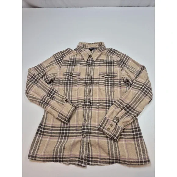 Patagonia Fjord Flannel Shirt Womens 14 Beige Organic Cotton Plaid Long Sleeve
