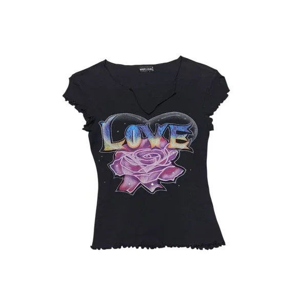 Vintage Y2K Black Multi Color Love Top  100%‎ Cotton Women's Size Small