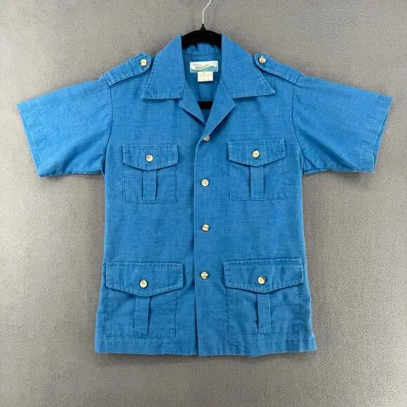 Vintage 60s Penneys Hawaii Camp Shirt Womens 16/S? Blue Lightweight Cotton Blend