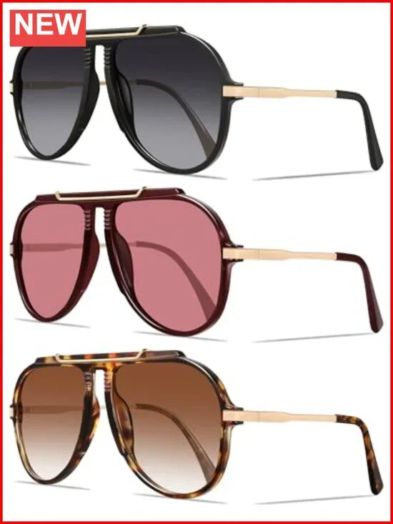 Oversized Aviator Sunglasses 70s Retro Metal Gold Tangle Free UV Protection