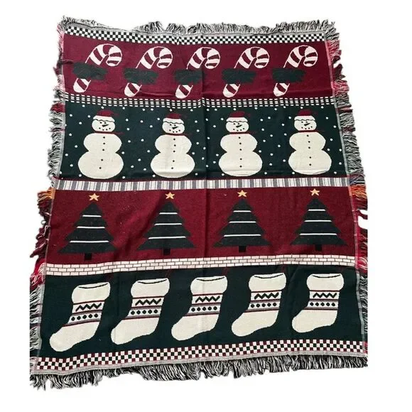 Snowman Woven Throw Blanket Crown Crafts Candy‎ Canes Christmas Trees Stockings