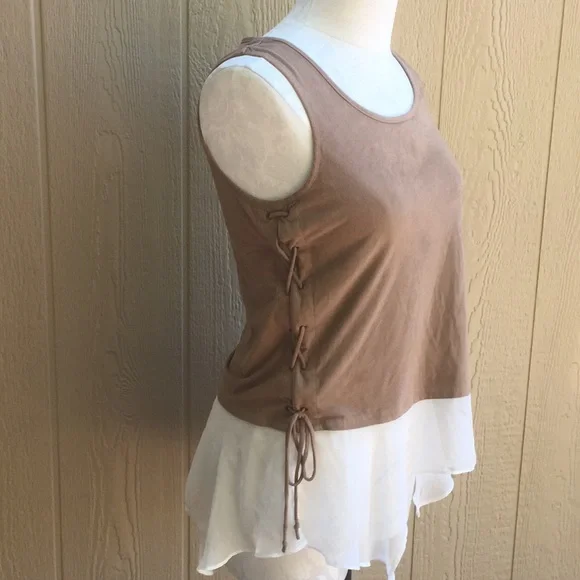 Janet Chung tan top size medium laces on sides sheer‎ bottom
