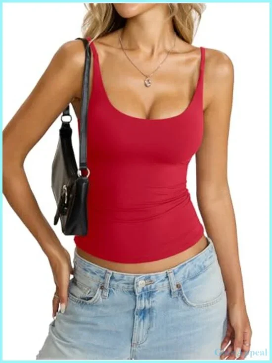 Double Lined Camisole Tank Top Backless Spaghetti Strap Scoop Neck Slim Fitted