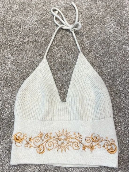 ROMWE Knit Embroidered Backless Halter Top Size S Cream Sun Moon Celestial‎