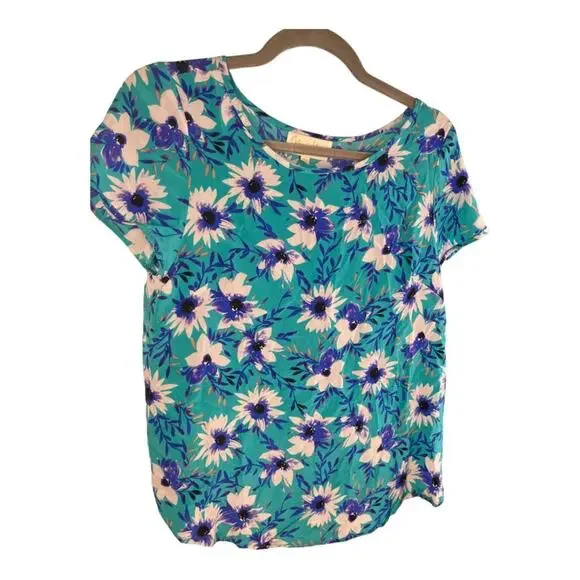 Yumi Kim Floral Top Short Sleeve 100% Silk Blouse Boho Garden Summer Party XS