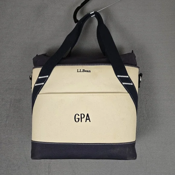 LL Bean Insulated Boat And Tote Bag Beige Blue Straps Canvas Cooler Beach Camp