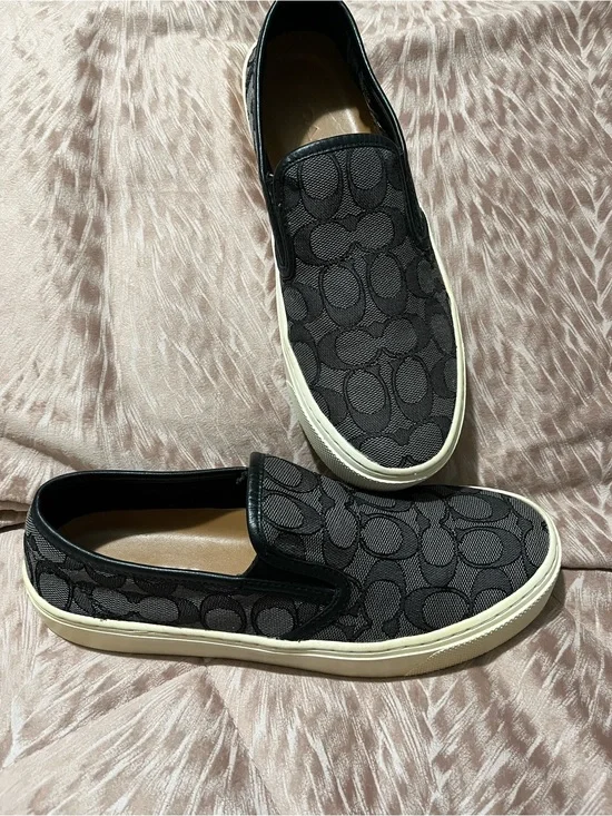 Coach Black and Tan Signature Slip-On Sneakers