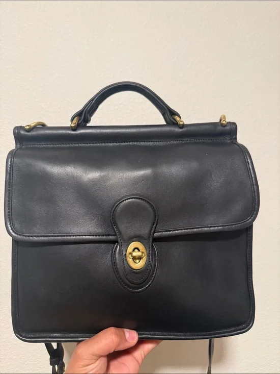 Coach Willis Classic Black Leather Crossbody Satchel with Gold-Tone Turn Lock