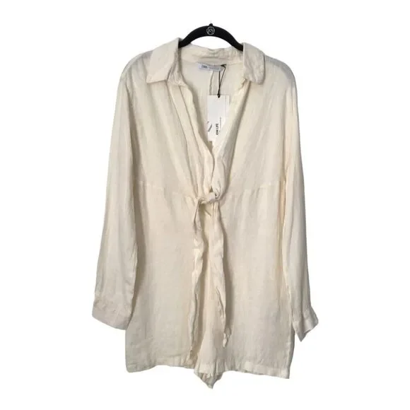 Zara Romper Size XS Tied 100% Linen Oyster White Long Sleeve V-Neck‎ Jumpsuit