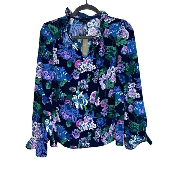 J. Crew Blouse Size M AW5231 Ruffleneck Top in Floral 365 Crepe Blue Floral NWT
