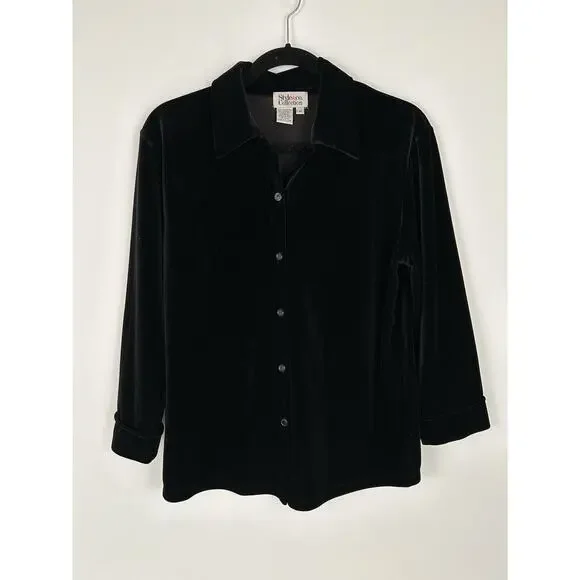 Women's Stretch Velvet‎ Top Women’s Medium Black Whimsigoth Button Up Witchy