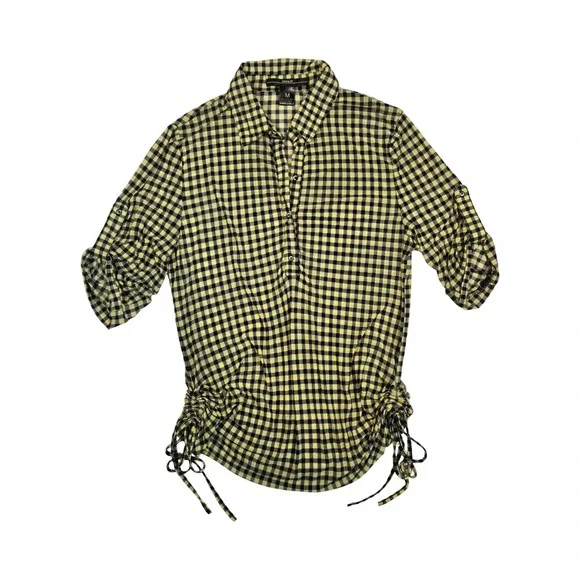 Black & yellow plaid gingham oversized ruched button up short sleeve shirt MD
