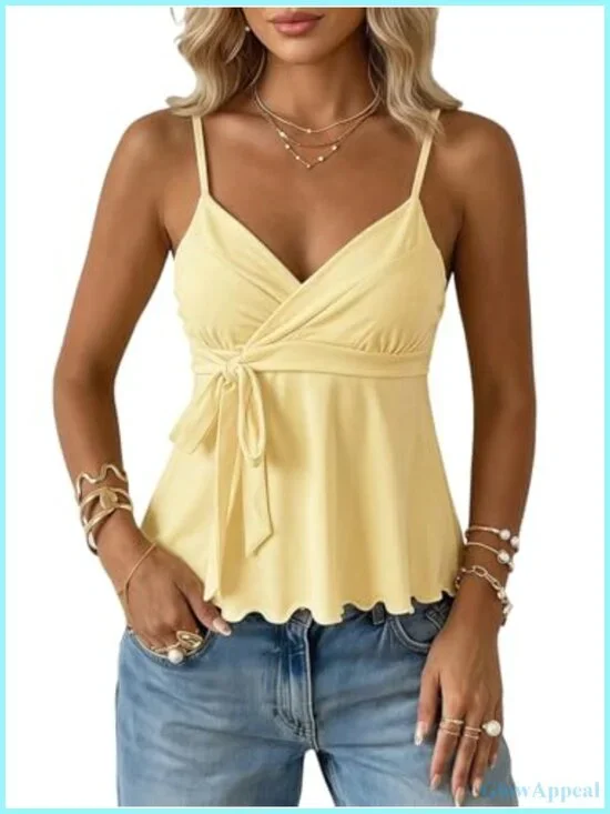 Sleeveless V-Neck Peplum Crop Wrap Top Cute Summer Tie Front Tank Camisole