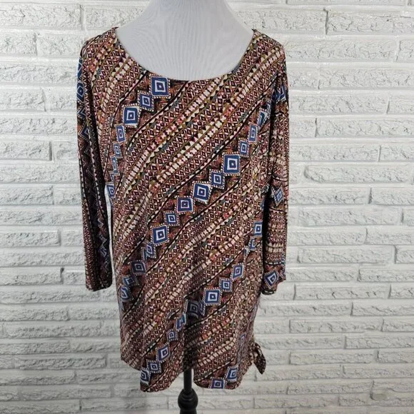 Carol Taylor Women's XL Brown Blue Geometric Dolman 3/4 Sleeve Pullover GEO185XE