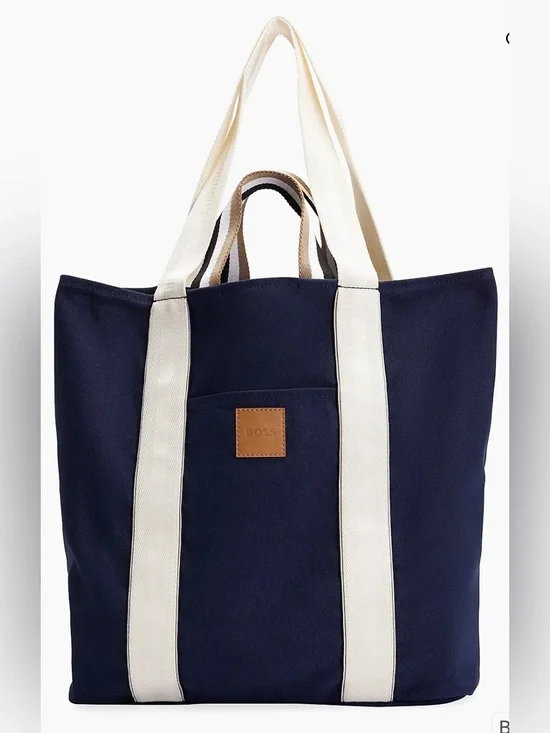 BOSS Navy Canvas Tote with Cream Straps and Tan Logo Patch