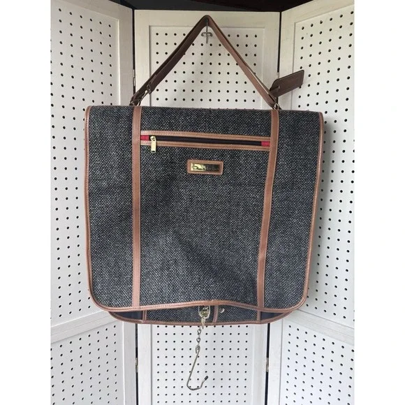 Vtg Oscar De‎ La Renta Gray Black Tweed Folding Garment Bag Designer Luggage