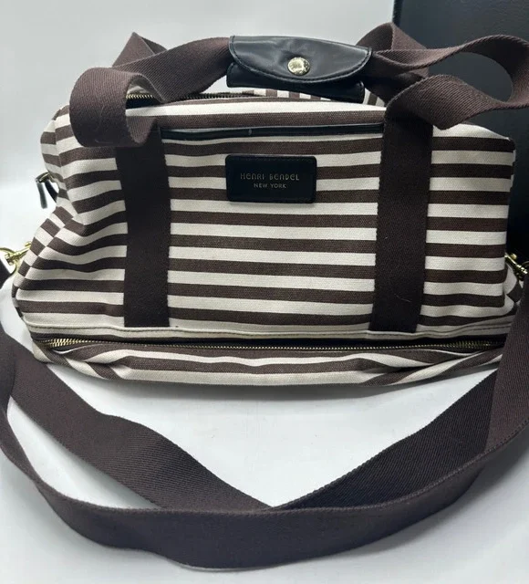 Henri Bendel NY Brown White stripe weekender bag Shoulder and Crossbody zipper