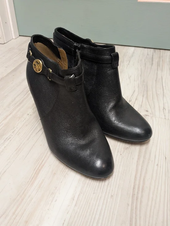 Coach Black Leather Ankle Boots with Gold Accent - Women