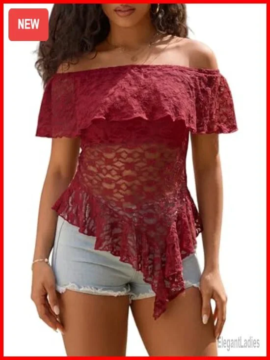 Off Shoulder Lace Top Sheer See Through Short Sleeve Blouse