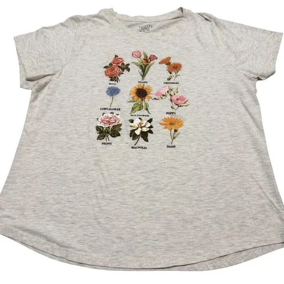 Mighty Fine Women's XL Grey Botanical Flower Graphic Tee‎ Short Sleeve T-Shirt