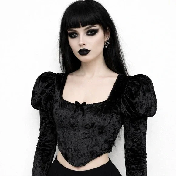 Dolls Kill Widow Transformed‎ Kiss Corset Top S Fairy Goth Velvet Emo L/SL  Crop