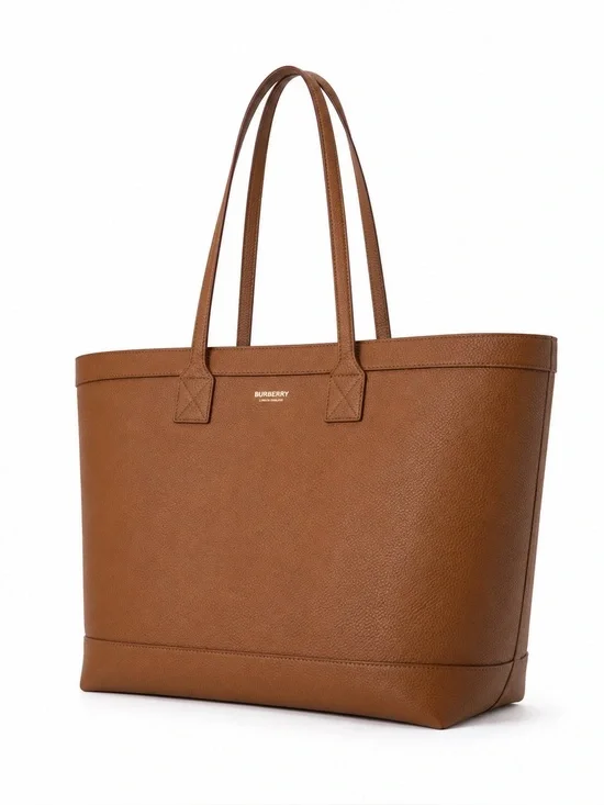 Burberry Brown Pebbled Leather tote bag with check print new