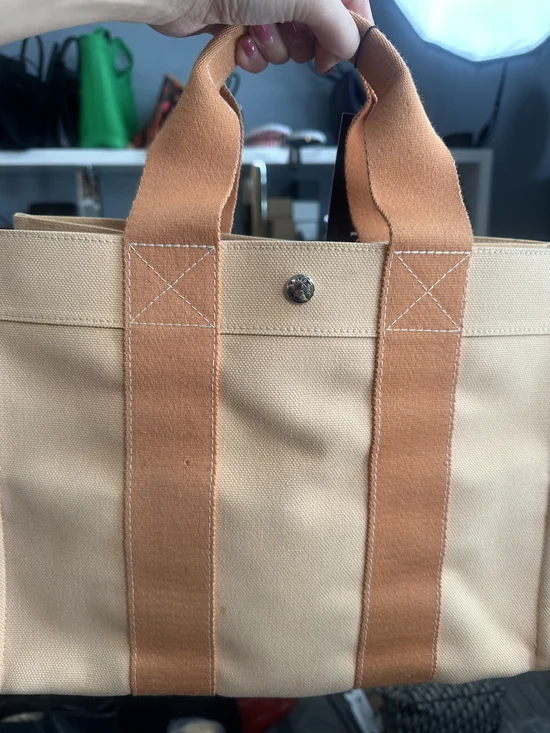Canvas Tote Bag with Contrast Handles - Tan/Orange